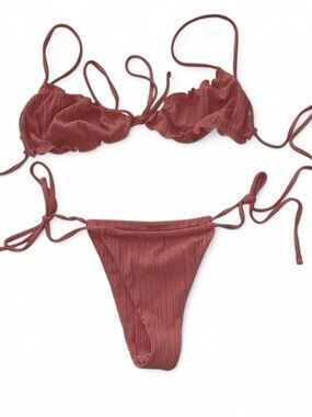 Pink Ribbed and ruffle Tie-Side Bikini